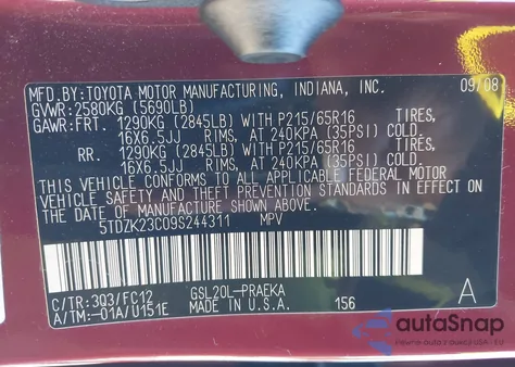 2009 Toyota Sienna Le z USA, uszkodzony, nr VIN 5TDZK23C09S244311